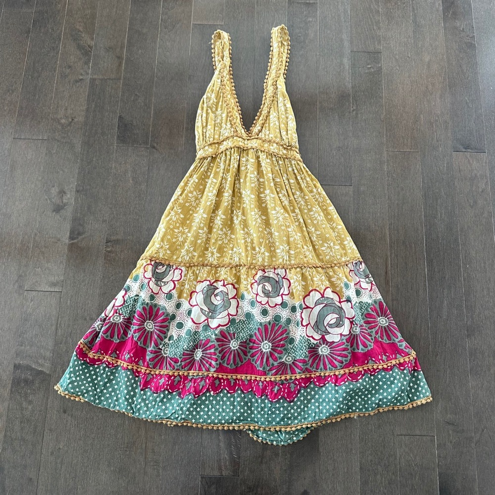 Boho Floral Tiered Mini Dress in Mustard and Pink